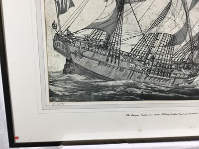 Lot 52 - Robert Horne (1923-2010) signed limited edition etching - The Barque 'Endeavour', 20/100, 45cm x 58cm, in glazed frame