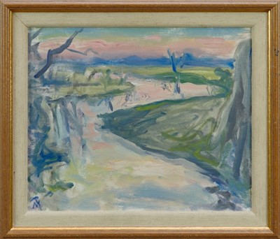 Lot 1893 - Margaret Thomas (1916-2016) oil on board - Winter Evening on the Waveney, initialled, titled verso, 24cm x 29cm, framed