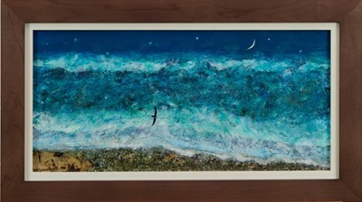 Lot 1723 - *Keith Grant (b.1930) acrylic on board - The Sea at Old Skagen with black Seabird and Crescent Moon, signed and dated '11, 21.5cm x 45cm, framed 
Provenance: Chris Beetles Ltd., London