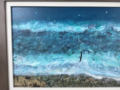 Lot 1723 - *Keith Grant (b.1930) acrylic on board - The Sea at Old Skagen with black Seabird and Crescent Moon, signed and dated '11, 21.5cm x 45cm, framed 
Provenance: Chris Beetles Ltd., London