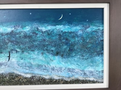 Lot 1723 - *Keith Grant (b.1930) acrylic on board - The Sea at Old Skagen with black Seabird and Crescent Moon, signed and dated '11, 21.5cm x 45cm, framed 
Provenance: Chris Beetles Ltd., London
