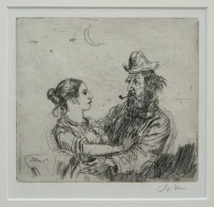Lot 1725 - *Augustus John (1878-1961) signed etching - The Amorous Tramp, 13.5cm x 14cm, in glazed frame  
Provenance: Piers Feetham Gallery, Aldeburgh Festival Exhibition