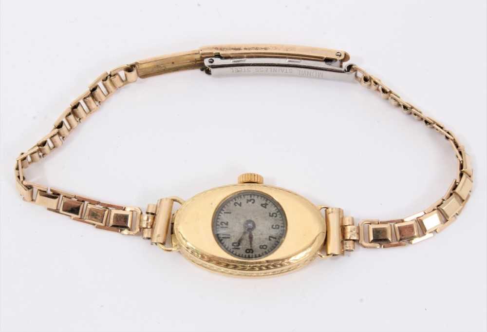 Lot 613 - 1920s ladies Rolex 18ct gold case wristwatch with Rolex Prima 15 jewel movement In oval 2ict gold case with Dublin import hallmarks for 1928.
