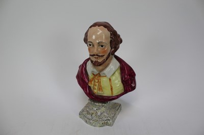 Lot 1930 - Victorian Staffordshire pearlware-glazed bust of Shakespeare, on a marbled base, 22.5cm high
