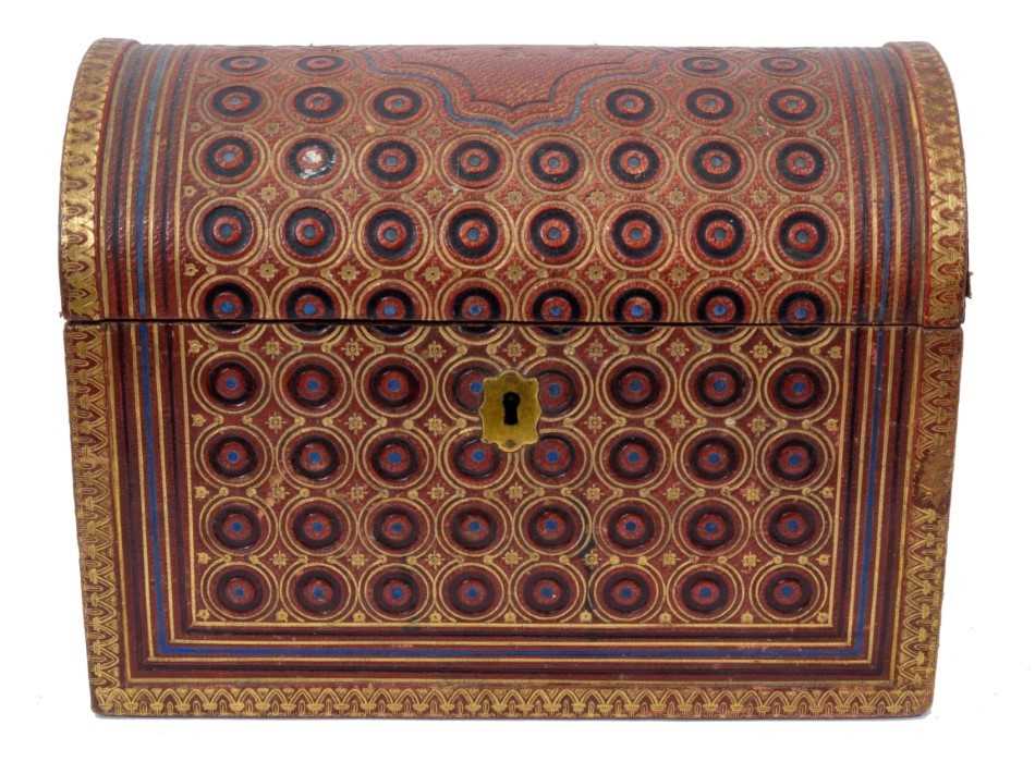 Lot 855 - Fine quality late 19th century embossed leather stationery box by Asprey, of domed form, the hinged cover with initials CAL, and allover embossed geometric ornament, the divisioned interior with si...