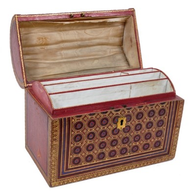 Lot 855 - Fine quality late 19th century embossed leather stationery box by Asprey, of domed form, the hinged cover with initials CAL, and allover embossed geometric ornament, the divisioned interior with si...