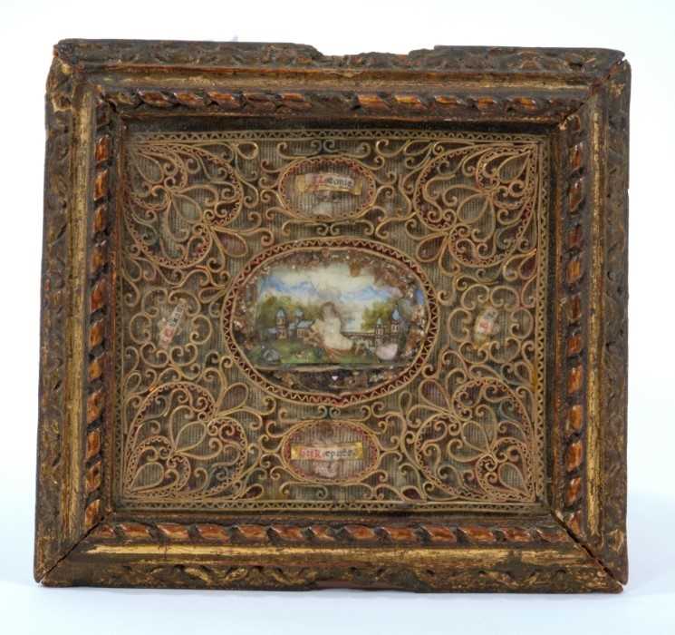 Lot 856 - 18th / 19th century Continental painted and rolled paper reliquary picture