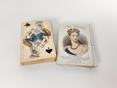 Lot 1939 - Two sets of 19th century playing cards, including a set without suits for a fancy game, published by Evans & Sons and with a portrait of the Queen, the other published by Hinckley & Co Hamburg