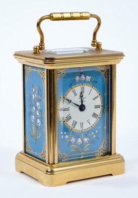 Lot 661 - Halcyon Days miniature enamel carriage clock with floral decoration on blue ground, 7.5cm high