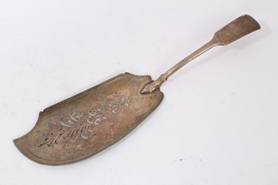 Lot 416 - George III silver Fiddle pattern fish slice, with pierced and engraved blade and engraved initials
