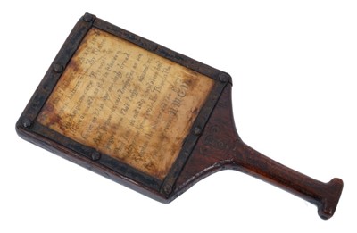 Lot 1942 - Rare 18th century child's horn book, inscribed with the Lord's Prayer, the thin sheet of horn held in place with black metal surround, on a wooden bat-shaped frame with T-shaped handle and engraved...