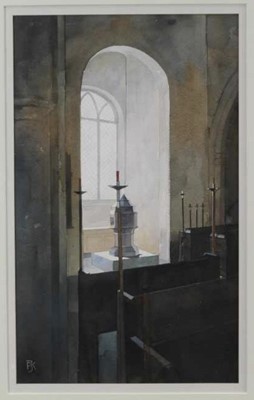 Lot 386 - Peter Kelly (b. 1931) watercolour - The West Window, Buttsbury Church