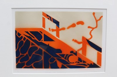 Lot 1133 - Ron Sims (1944-2014) signed limited edition stencil / enamel print - Orange Cat Streamers, 1/50, 20cm x 28.5cm