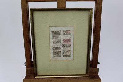 Lot 1944 - 14th century French breviary leaf, framed and glazed, the leaf 13.5cm x 9cm
