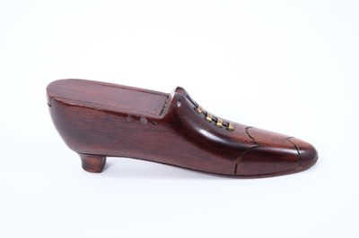 Lot 1946 - Victorian treen shoe snuff box, with brass laces, hinged lid and velvet interior, 13cm long