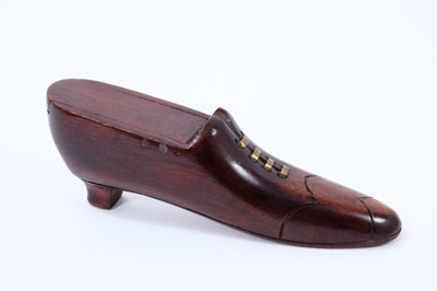 Lot 1946 - Victorian treen shoe snuff box, with brass laces, hinged lid and velvet interior, 13cm long