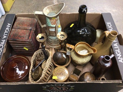 Lot 251 - Works of art including Huntley and Palmer novelty biscuit tin, treen, pair of Georgian brass candlesticks