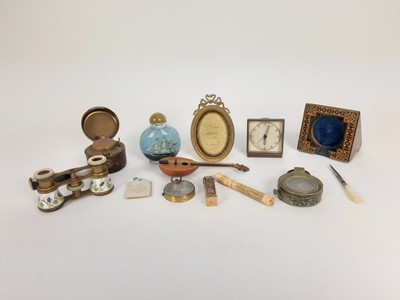 Lot 1952 - Objects d'art, including enamelled opera glasses, Tunbridge ware pocket watch holder, silver scent bottle, etc