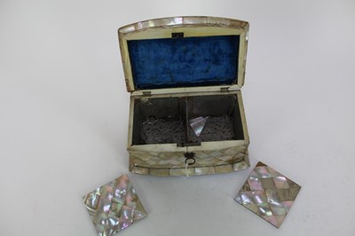 Lot 1953 - Large 19th century mahogany inlaid tray, together with a Victorian mahogany stationery box, a mother of pearl tea caddy and a toleware stationery box (4)