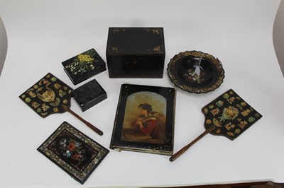 Lot 1954 - Collection of Victorian lacquered and papier mâché items, including a pair of decoupage fire screens, two blotters, three baskets and a mother of pearl inlaid basket