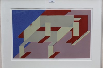 Lot 66 - Ron Sims (1944-2014) signed limited edition silkscreen - Red Flying Insect and Pink Architecture, 1/9, 37cm x 57cm in glazed frame