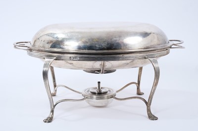 Lot 422 - George III silver entree dish of oval form, and Edwardian silver spirit burner and frame.