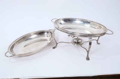 Lot 422 - George III silver entree dish of oval form, and Edwardian silver spirit burner and frame.