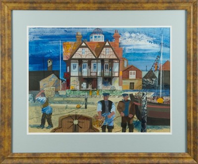 Lot 1097 - Henry Collins (1910-1994) collage and gouache - Brightlingsea Hard, signed, 40cm x 54cm