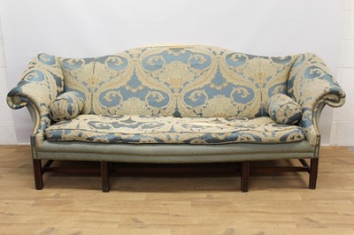 Lot 1502 - George III style mahogany camel back sofa