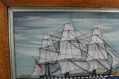 Lot 1907 - Good pair of 19th century sailor's woolworks of ships in maple frames, 51.5 x 65.5cm including frame