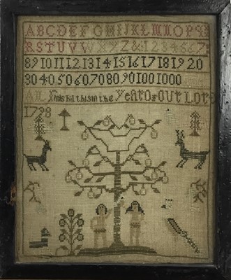 Lot 1908 - Adam and Eve sampler, dated 1798, in ebonised frame, together with a smaller sampler and a religious woolwork (3)