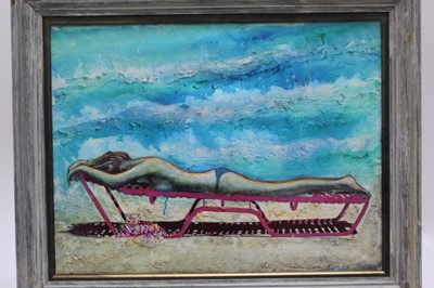 Lot 1305 - Linda Sutton, mixed media painting of a sunbathing woman, framed, signed lower right, titled 'The Beach, Hotel des Bains, Venice Lido' verso, 47cm x 36cm