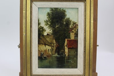 Lot 1311 - M. M. Macdonald, early 20th century, oil on board - wash day before a water mill, signed and dated 1903, 22cm x 14.5cm, in gilt frame