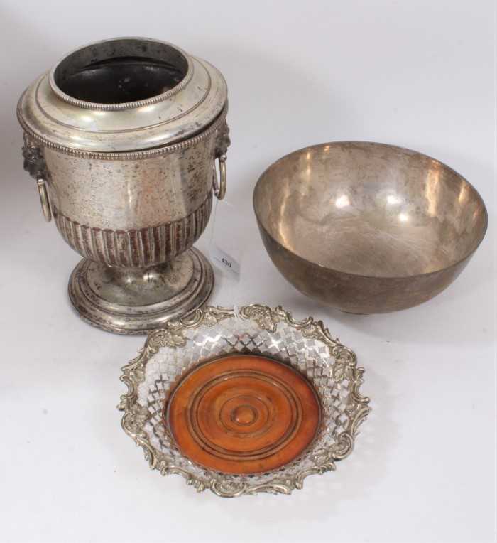 Lot 430 - Late 19th century silver plated wine cooler of half fluted form, and other items
