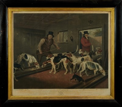 Lot 1031 - Early 19th century hand coloured aquatint by W. Ward after H. B. Chalon - The Raby Pack, The Earl of Darlington's Fox Hounds in their Kennels, published by Orme 1814, 53cm x 62.5cm