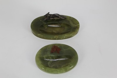 Lot 996 - Two oval onyx desk tidies, one mounted with a silver plated fox, the other painted with a horse head