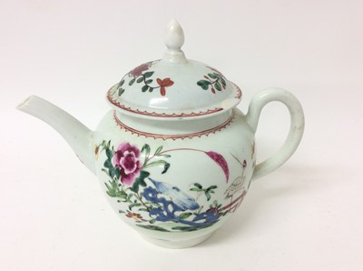 Lot 195 - Liverpool teapot and cover, circa 1770, decorated in the famille rose style with a crane in a garden, 15cm high