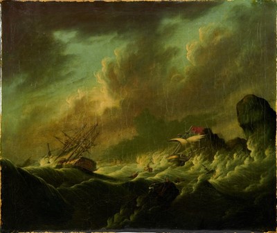 Lot 1318 - Attributed to Joseph Vernet (1714-1789) oil on canvas - shipping crashing against the rocks, 55cm x 65cm, unframed