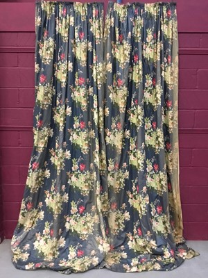 Lot 1564 - Two pairs of curtains with floral design on blue ground, approximately 307cm long x 74cm at the top and 171cm at the bottom and various other curtains