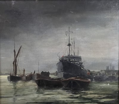 Lot 193 - English School, mid 20th May, oil on canvas board - shipping at anchor at dusk, indistinctly signed, 34cm x 38cm, in gilt frame