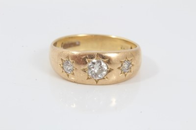 Lot 585 - Victorian style 18ct diamond gypsy ring with three old cut diamonds in star shape gypsy setting. Estimated total diamond weight approximately 0.40cts. Ring size L.