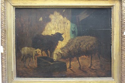 Lot 1329 - Louis Marie Dominique Robbe (1806-1887) oil on panel - sheep in a barn, signed, 41cm x 56cm, in gilt frame