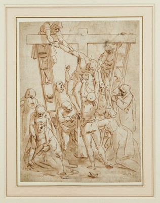 Lot 1078 - After Luca Cambiaso (1527-1585) 16th century drawing, pen and ink with wash, watermark, 'The Descent from the Cross' 33.5cm x 25.2cm