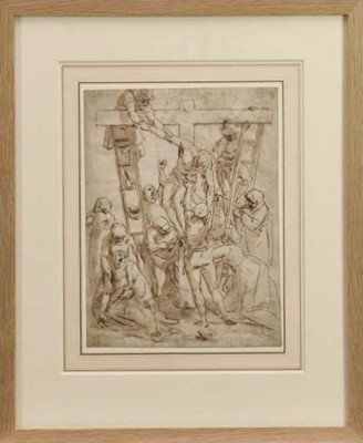 Lot 1333 - After Luca Cambiaso (1527-1585) 16th century drawing, pen and ink with wash, watermark, 'The Descent from the Cross' 33.5cm x 25.2cm