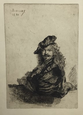 Lot 200 - After James McNeil Whistler (1834-1903) lithograph - Gants de Suede, signed in the stone with butterfly, together with etching after Rembrandt, self portrait. (2)