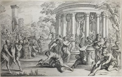 Lot 205 - After Bartolozzi, 18th century engraving, depicting a festival, 34 x 22cm, together with a folder of various other engravings, pictures prints