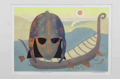 Lot 1163 - Penny Berry Paterson (1941-2021) signed monoprint, woodcut and linocut - Sutton Hoo I, 35cm x 50cm, in glazed frame