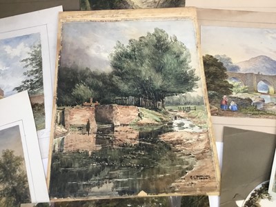 Lot 206 - E L Percival, early 20th century watercolour of a lock, signed and dated 1904, 40 x 22cm, together with a group of unframed 19th century watercolours
