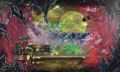 Lot 202 - Joel Hooper (late 20th century) oil on canvas with applied elements, abstract, signed 'Jones ZKS', 46 x 76