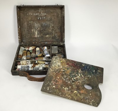 Lot 1162 - Robert G. D. Alexander (1875-1945) late 19th century artists box and palette, containing a selection of tubes of paints, some early 20th century